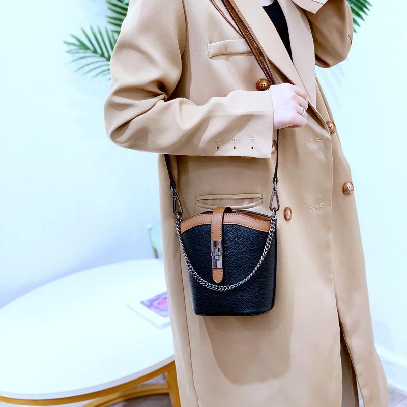 Leather Women'S Bags Trend Contrasting Color Small Bags Chain Versatile Fashion Crossbody Shoulder Bucket Bag 8819