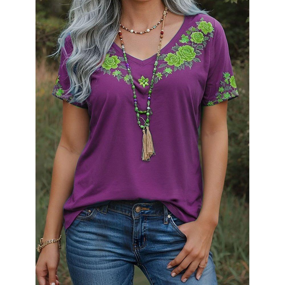 

2025 Hot-selling Summer Women s Tops Retro Floral Graphic Printing Style V-neck Casual Short-sleeved T-shirt S
