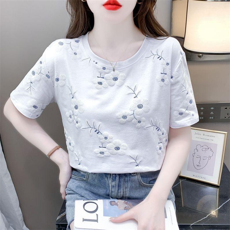 JKASHDK Women's Fashion Casual Summer Spring Flower Pattern Print Short Sleeve O-Neck Blouses & Shirts