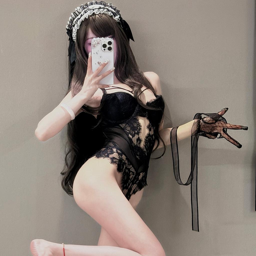 Sexy Underwear Bow Tie-up Onesie Sexy Lace Perspective with Chest Pad Transparent Pajamas Women