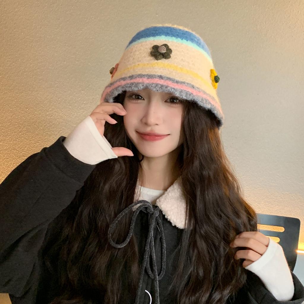 New dopamine color retro handmade warm plush hat women's autumn and winter wool hat knitted bucket hat cold hat