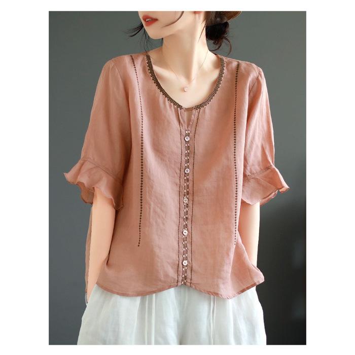 Cotton Linen Women's Blouses Chinese Style Shirts Loose Summer O-Neck Vintage Clothing Solid Short Sleeve Women Tops