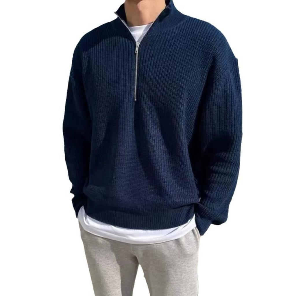 Spring and Autumn Loose Fashion Half Zipper Hooded Sweater for Men, Hong Kong Style Versatile and Casual Design, Stand Up Collar Knitted Sweater