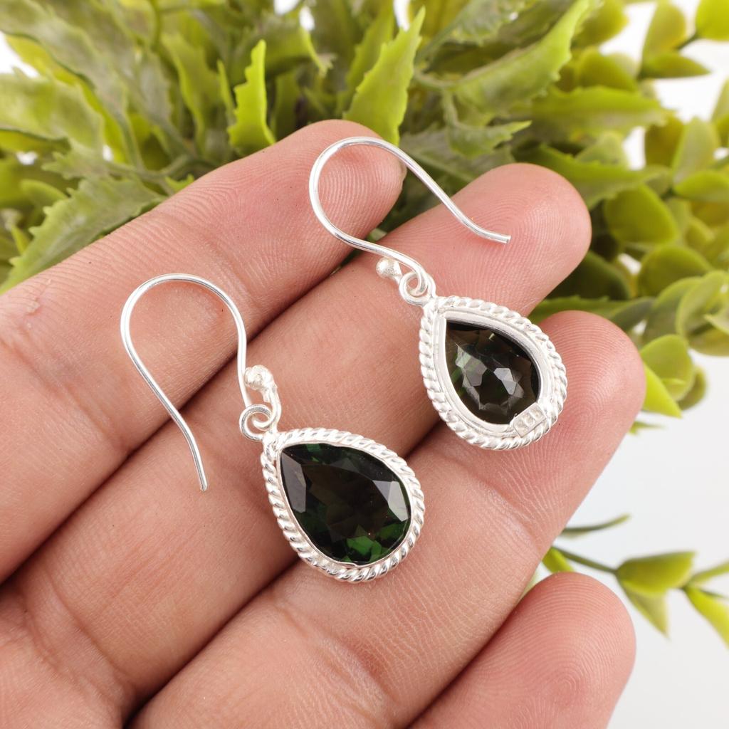 Green Tourmaline Gemstone 925 Solid Silver Jewelry Handmade Hook Earrings 1.40" EE-9-39