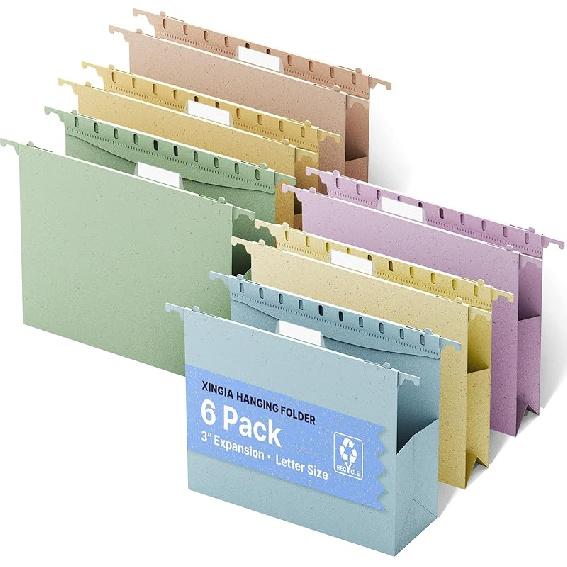 

XINGIA Extra Capacity Hanging File Folders Letter Size,3 Expandable File Folders Hanging with Tabs,6 Pack Wheat Straw File Cabinet Folders for Morandi