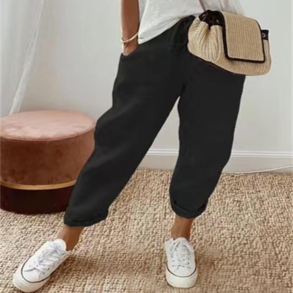 Women Mid Waist Drawstring Linen Harem Pants, Pocket Cuffed Ankle Loose Casual Trousers S-5XL Spring Daily Wear