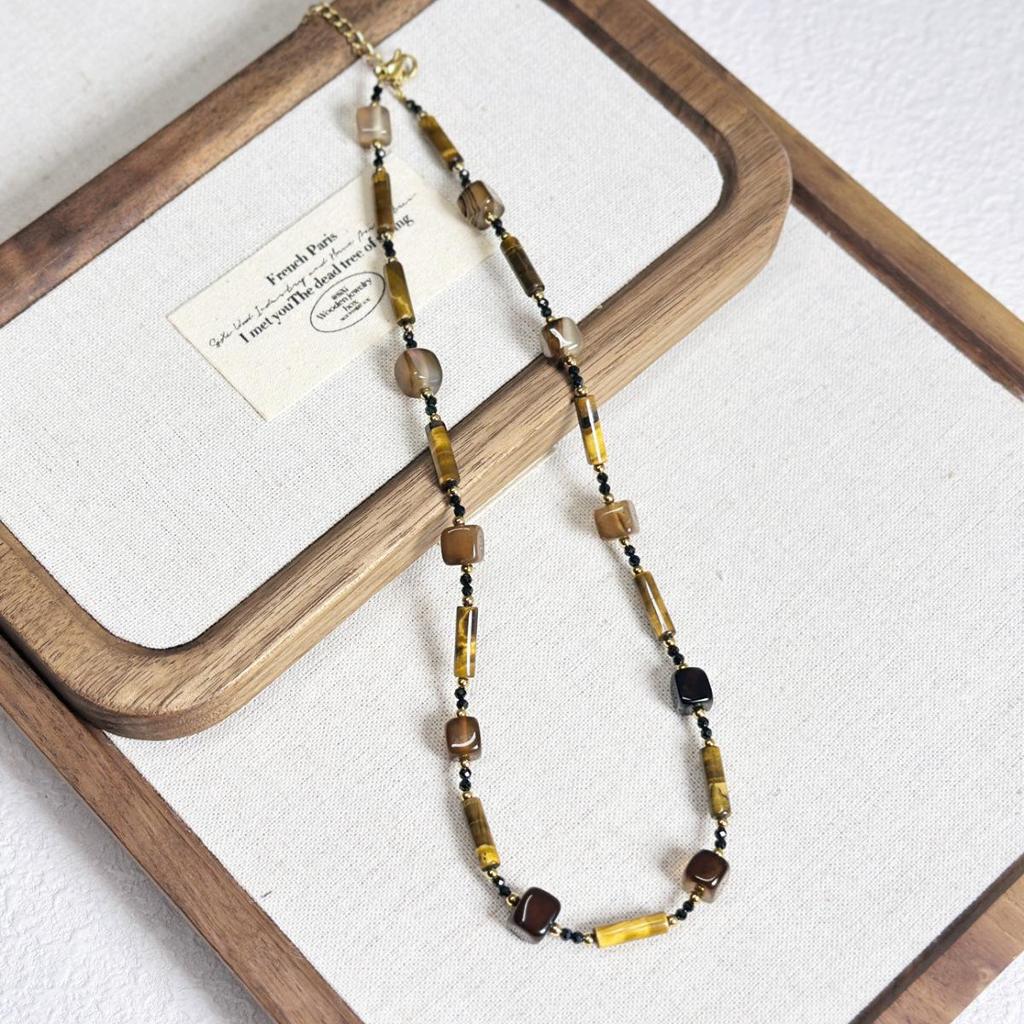 Tiger Eye & Freshwater Pearl Beaded Necklace - Autumn/Winter Style with Titanium Steel Chain