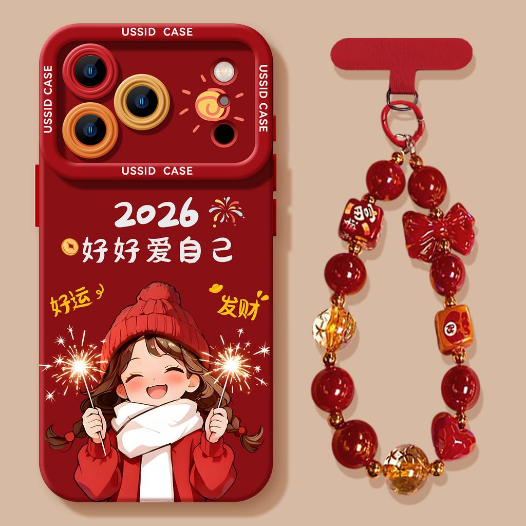 2026 red mobile phone case for Apple 17 New Year's girl 16promax silicone 13 soft 15 lanyard 14 sets