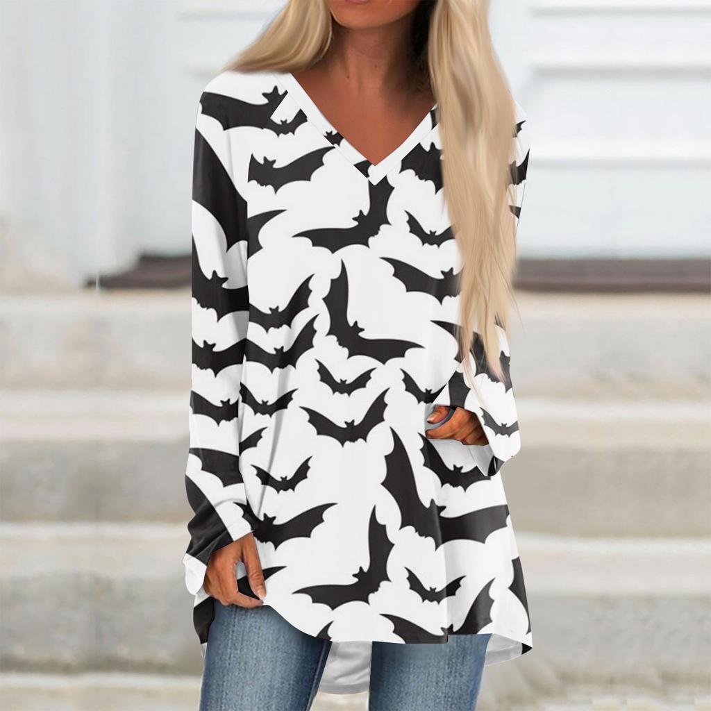 Women's Casual Long Sleeved V-neck Halloweenl Print Long Loose T-shirt Top