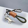 Car Keychain with Little Dino Accent, Single Braided Leather Rope, Metal Key Holder, Motorcycle & Bag Add-Ons