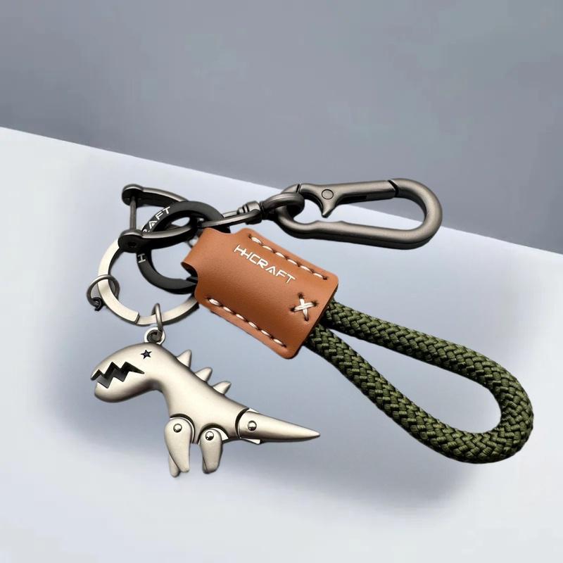 Car Keychain with Little Dino Accent, Single Braided Leather Rope, Metal Key Holder, Motorcycle & Bag Add-Ons