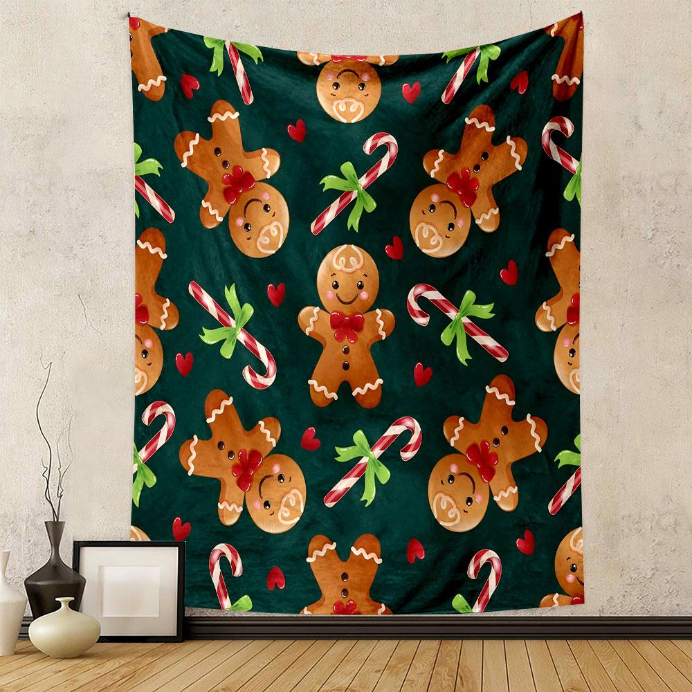 Gingerbread Men and Candy Canes Pattern Patterned Tapestry Decorative Wall Hanging, Home Bedroom Living Room Decor