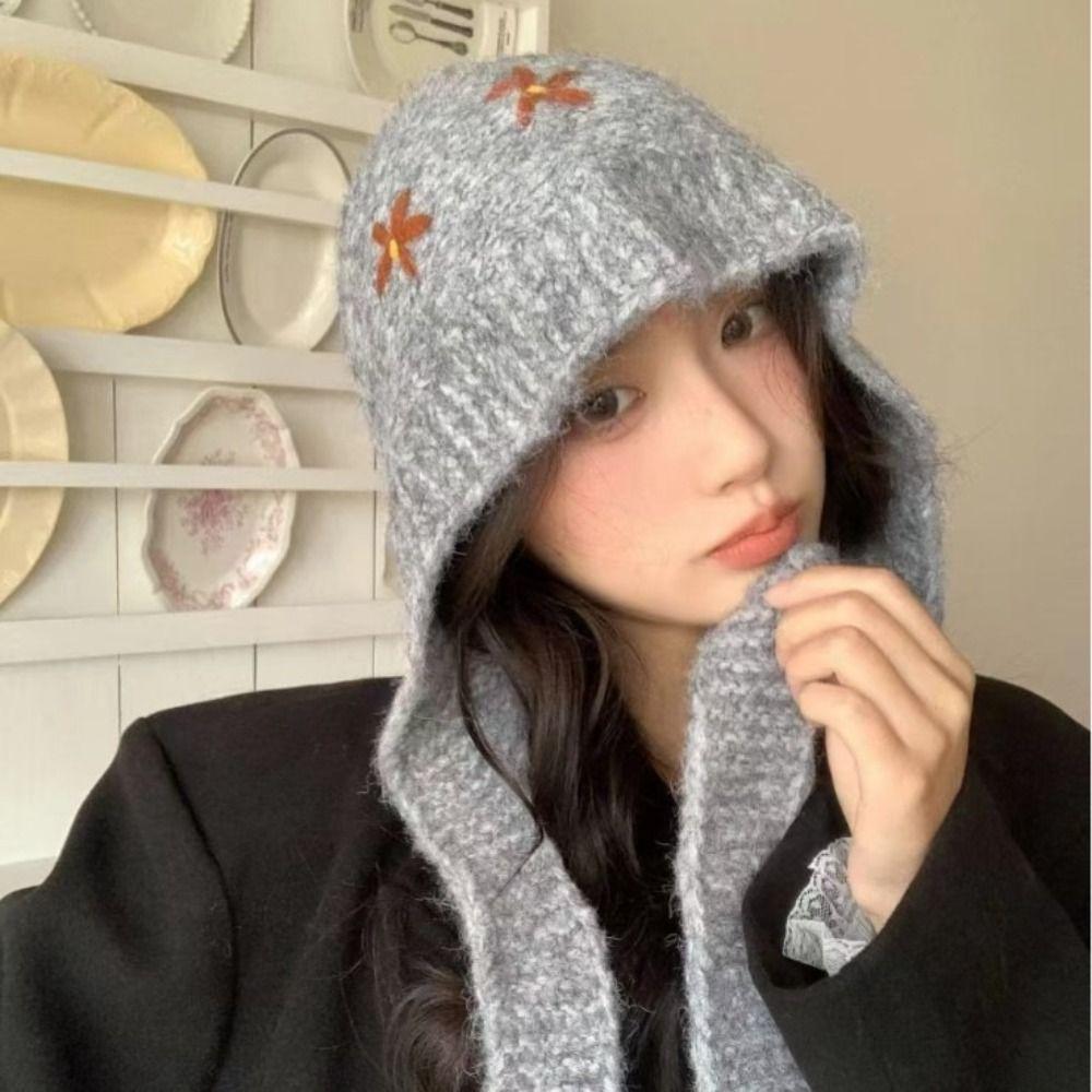 Woolen Fabric Embroidered Flowers Hat Solid Color Warm Neck Collar Winter Season