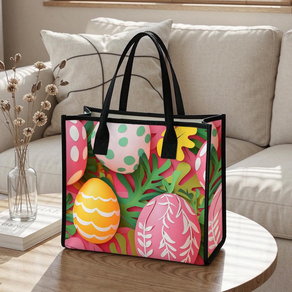 Easter Egg Tote Bag Cute Print Large Capacity Daily Use Canvas Shoulder Bag for Women Shopping Travel Commute Portable Handbag