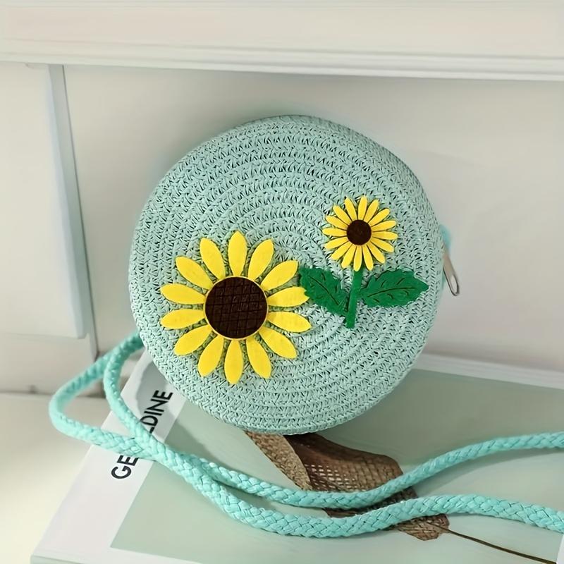2-in-1 Floral Straw-Style Tote Bag with Zipper Closure Cute Cartoon Sunflower Design for Beach, Vacation, Daily Commute & Casual Outings