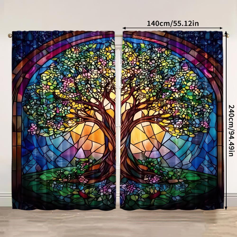Set Of 2 Spring Summer Curtains Stained Glass Tree Life Yarn Polyester Room Decor Kitchen Study Made Cooking Area Window Treatment