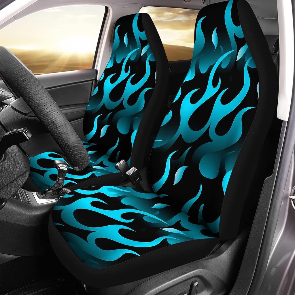 Set di Coprisedili per Auto Stampati con Fiamma Blu per Donna 2 Pezzi Protezione Sedile Anteriore Auto Accessori Interni Auto Universali Completo