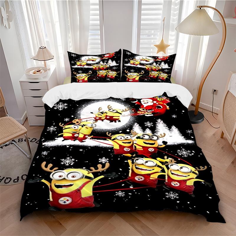 3pcs Minion Christmas Duvet Cover Set - Machine Washable, Includes 1 Duvet Cover and 2 Pillowcases, No Core Included yy251022171