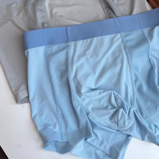 Men Boxer Underwear Mid-rise Elastic Waistband Breathable Mesh Shorts Briefs Solid Color Summer Ice Silk Cooling Panties