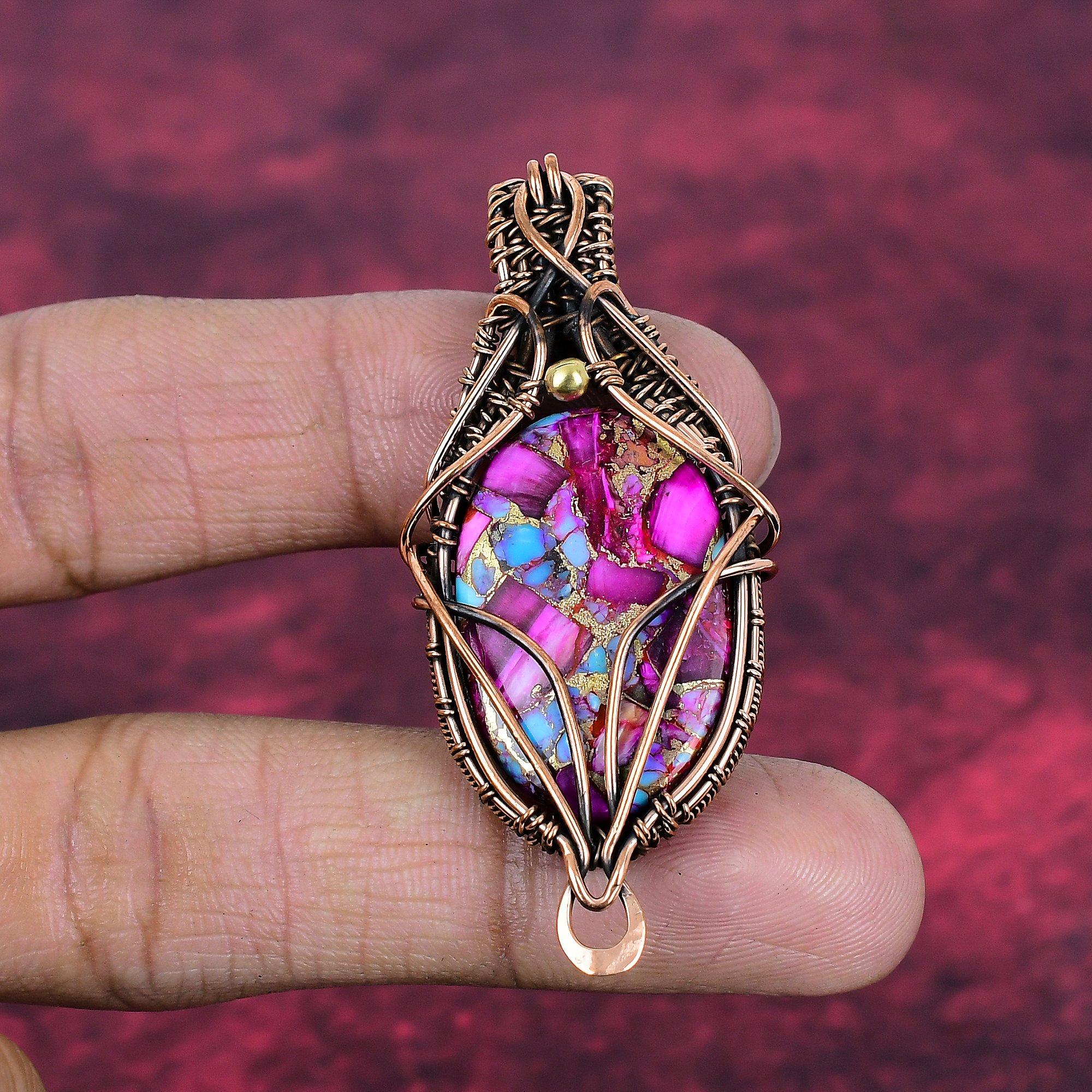Natural Kingman Pink Dahlia Turquoise Pendant Copper Wire Wrapped Dainty Jewelry