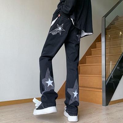 Amerikanische Stil-Vibe-Hosen, High-Street-Stickerei, hellblaue Stern-Jeans, Herren-Design-Sense-Hose mit geradem Bein