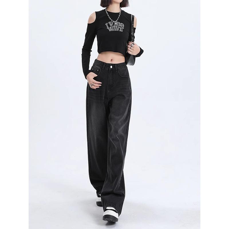 Black and gray high-waisted wide-leg jeans for women's spring, new loose and thin straight extended pants