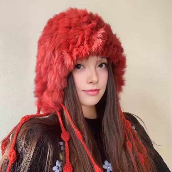 Women Hat Solid Color Rabbit Fur Blend Tassel Knit Hat Comfortable Stretch Fit Autumn Winter Skiing Warm Hat