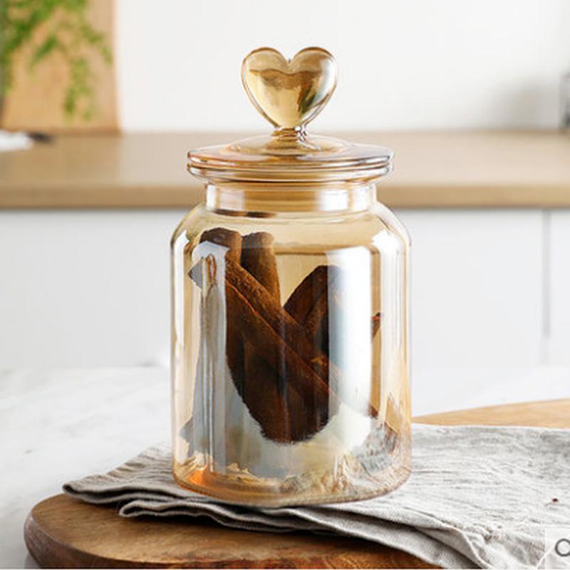 Amber Glass Sealed Jar Storage Bottle with Lid Large Capacity Transparent Heart-shaped Coffee Bean Storage Jar Kitchen Container