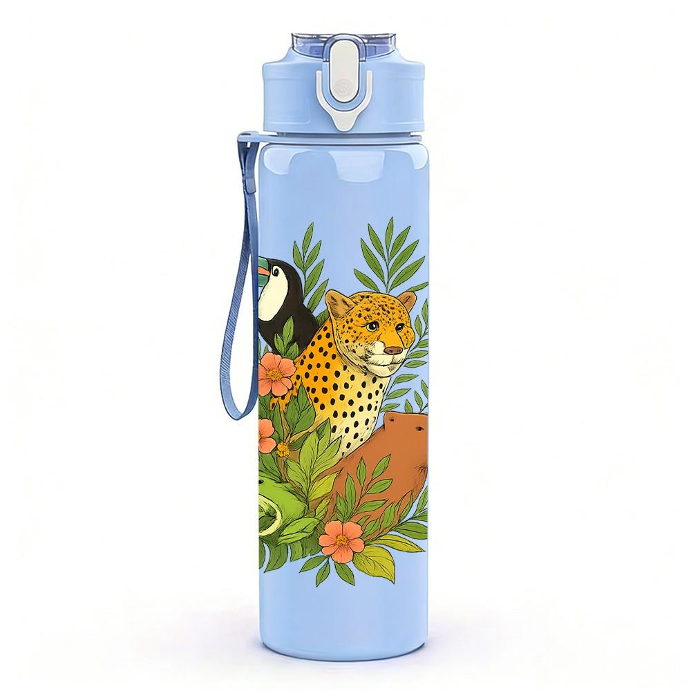 1PC Tropical Leopard Pattern 750ml Color Plastic Sports Water Bottle Leakproof Flip Straw Lid Suitable for Sports Office Home Use