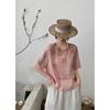 Women Floral Embroidered Round Neck Half Sleeve Linen Cotton Blend Blouse