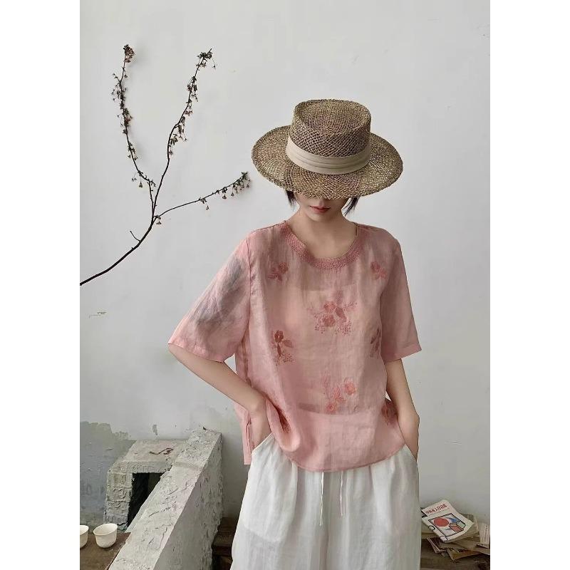 Women Floral Embroidered Round Neck Half Sleeve Linen Cotton Blend Blouse