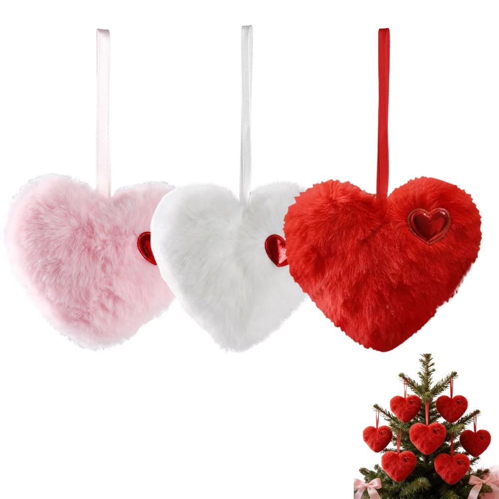 6pcs Colorful Fluffy Heart Christmas Balls Ornaments Handmade Bag Charms Green Furry Elf Balls Pendant with Red Hearts