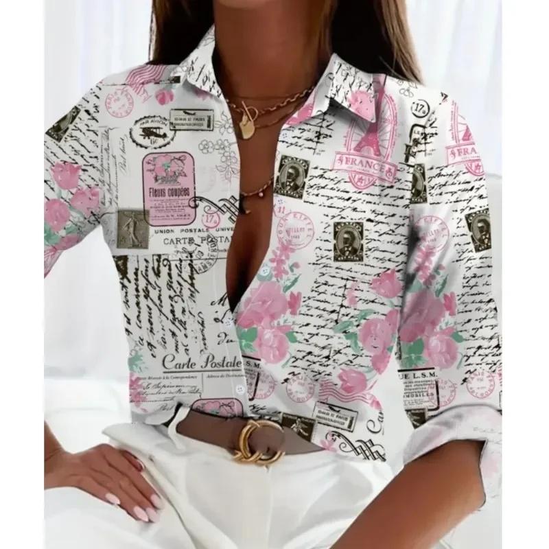 Spring Elegant Circle Printed Patterns Women's Shirt Long Sleeve Turn-down Collar Button Office Ladies Blouse Top Clothing