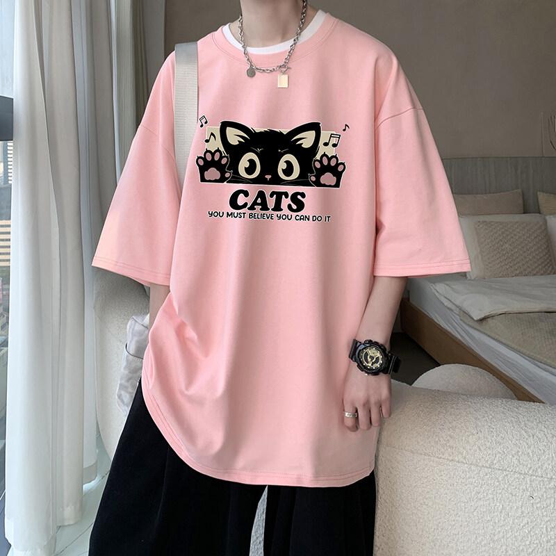 Unisexs Cotton Tshirts White Unisexs Oversized T Shirt Anime Cat Print Summer Casual Wear 5XL Tee Shirts Big Size Male Clothes