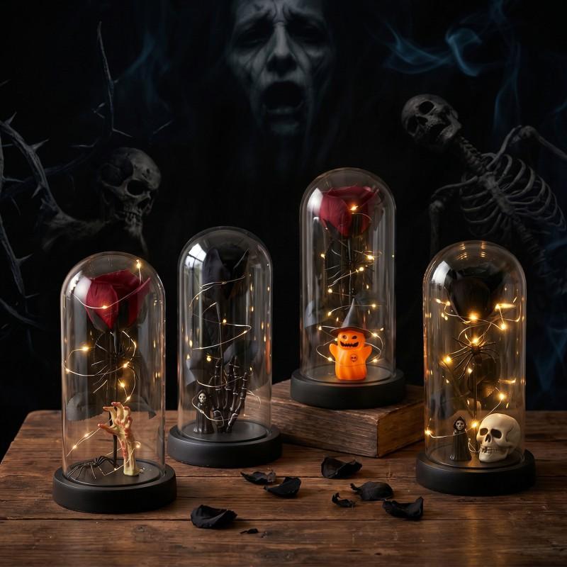 Halloween Decorative Preserved Flower Glass Dome With Black Rose Skull Ghost King Pumpkin Party Gift