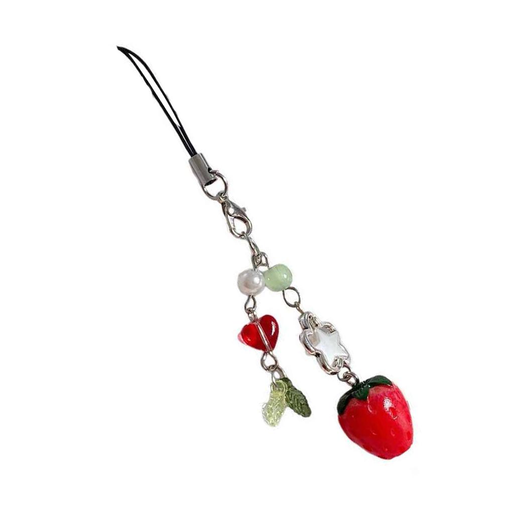 Strawberry Cellphone Chain Colorful Beaded Keychain Handmade Detachable Phone Lanyard Pendant Ornament for Wallet Bag