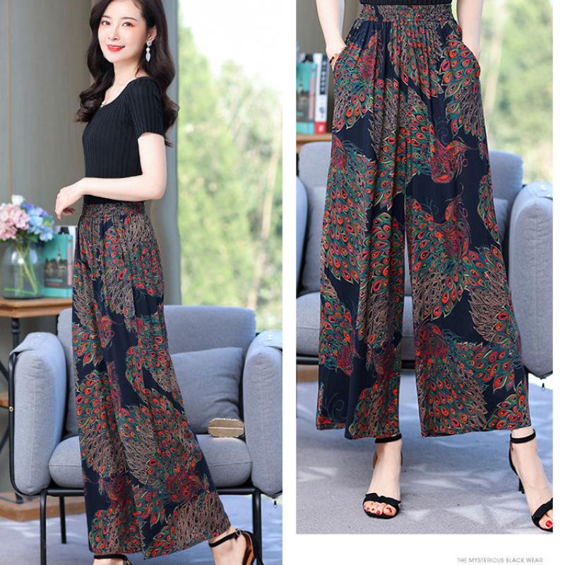 Móda Širokonohé kalhoty Matka Dámské Léto Volné Velké yardy pro starší Neformální Kalhoty Vysoký pas Rohož Devítibodové kalhoty