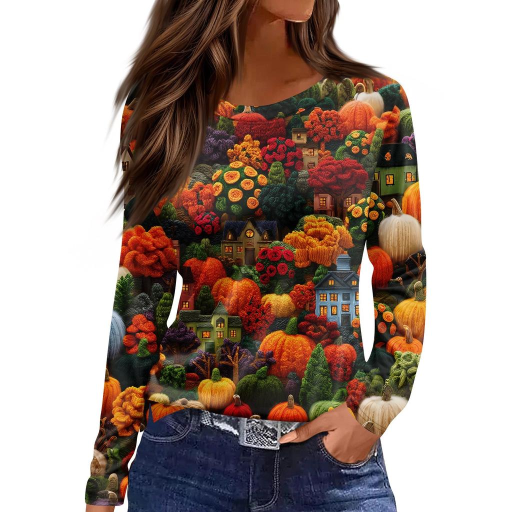 Women's Fashion Casual Slit Hem Round Neck Long Sleeve Loose Halloween Printed T-Shirt Ladies Top