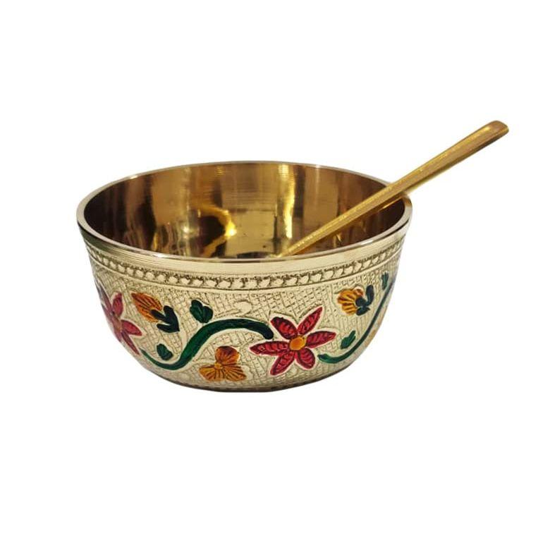 Akriti Brass Peetal Heavy Meena Color Katori with Spoon Dessert Bowl for Sweets, Dinner Embossed