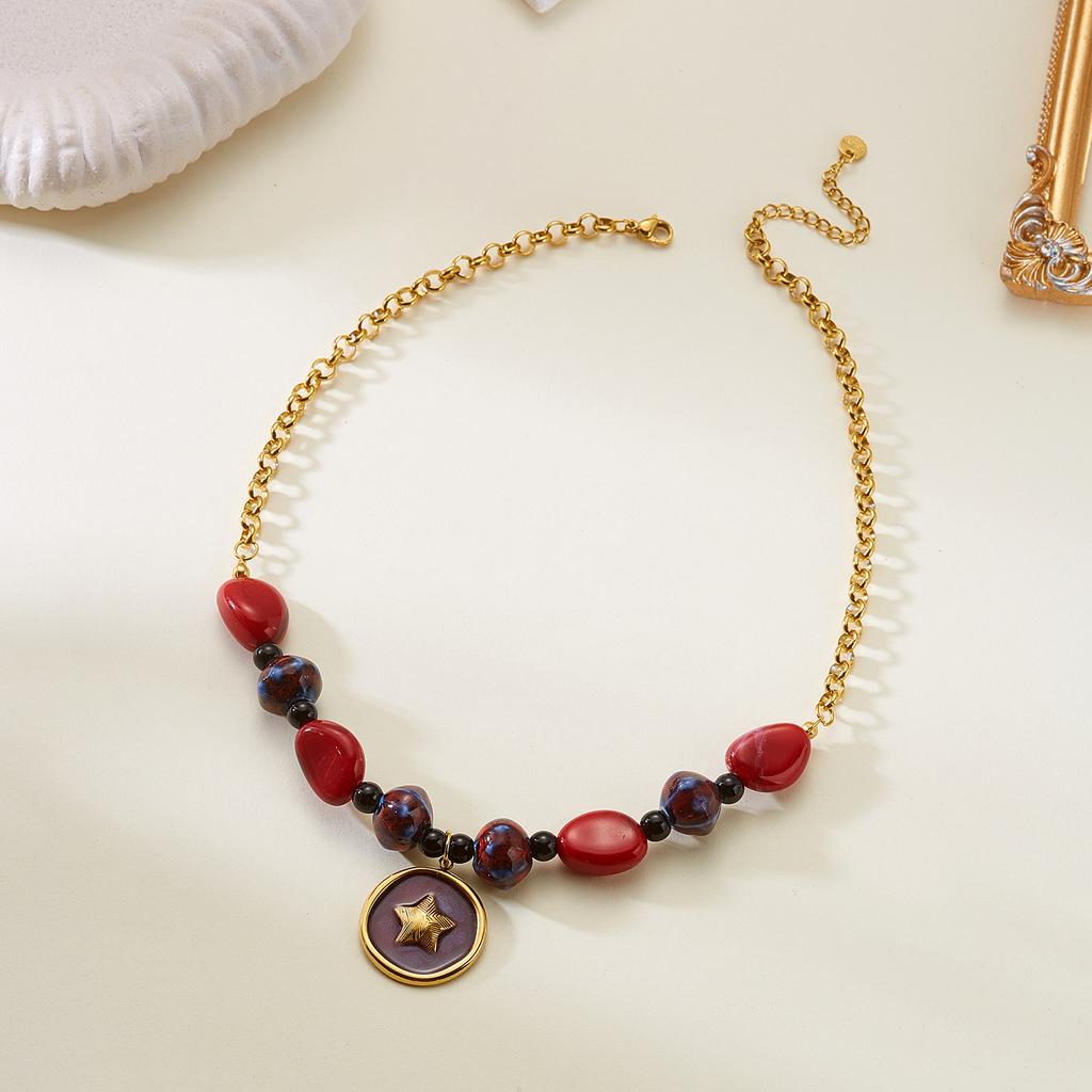 Vintage Star Stainless Steel Beaded Choker Necklace for Women Dainty Stone Pendant Chain Party Fashion Jewelry Gift