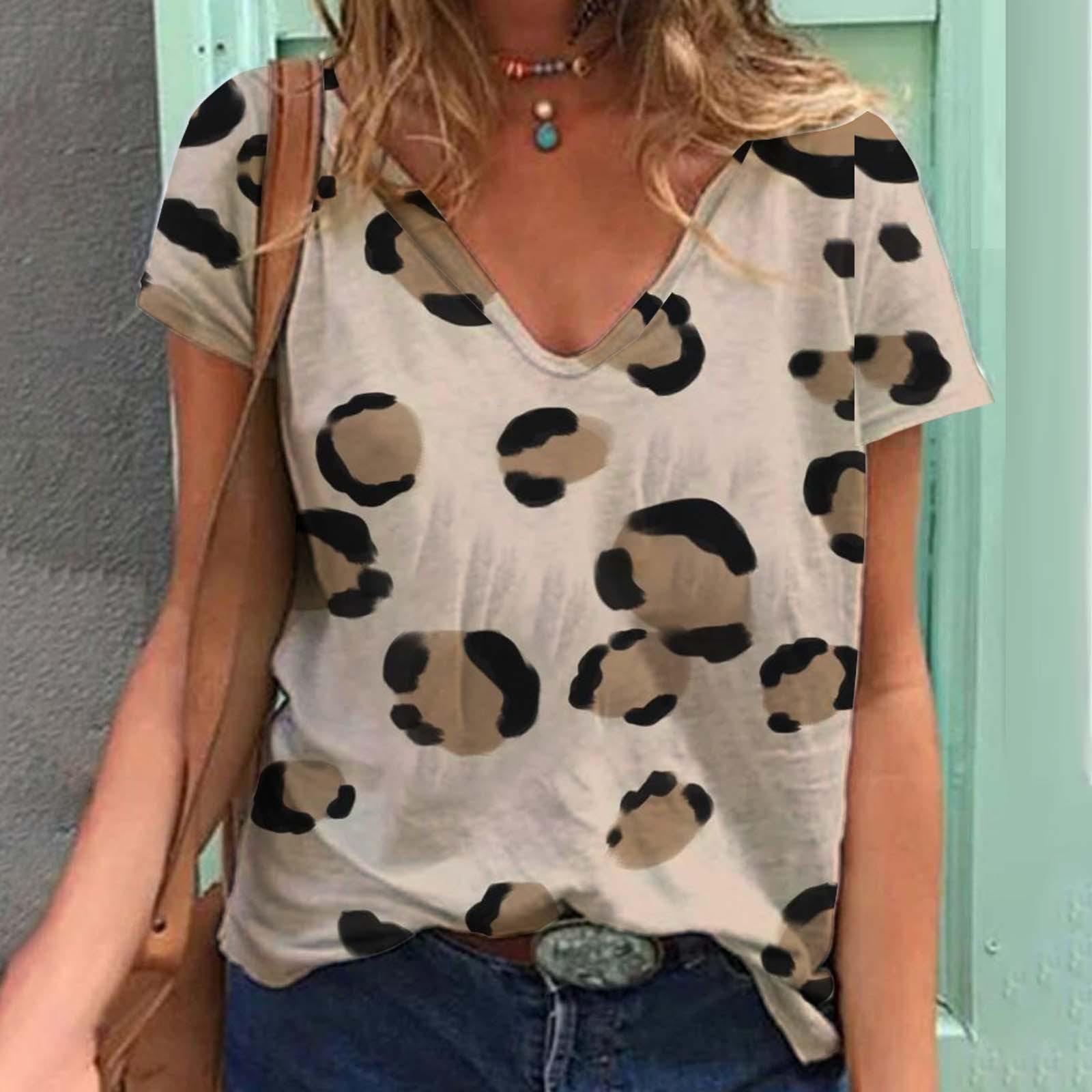 

Жіноча футболка з короткими рукавами з 3D-леопардовим принтом і v-подібним вирізом, літня парна футболка для любителів 2XL