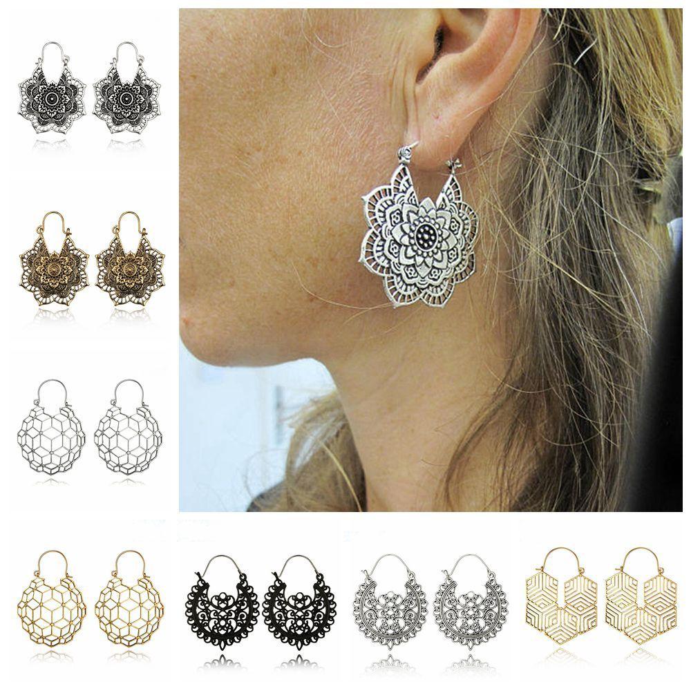 Women Antique Gypsy Tribal Dangle Drop Hollow Out Floral Hoop Earring Flower Ear Studs