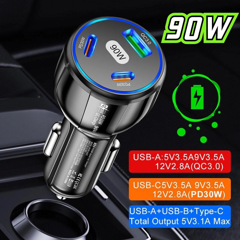 

90W 3 Ports PD USB Type-C Car Charging Mobile Phone Adapter Quick Charger For IPhone 14 15 Pro/Max
