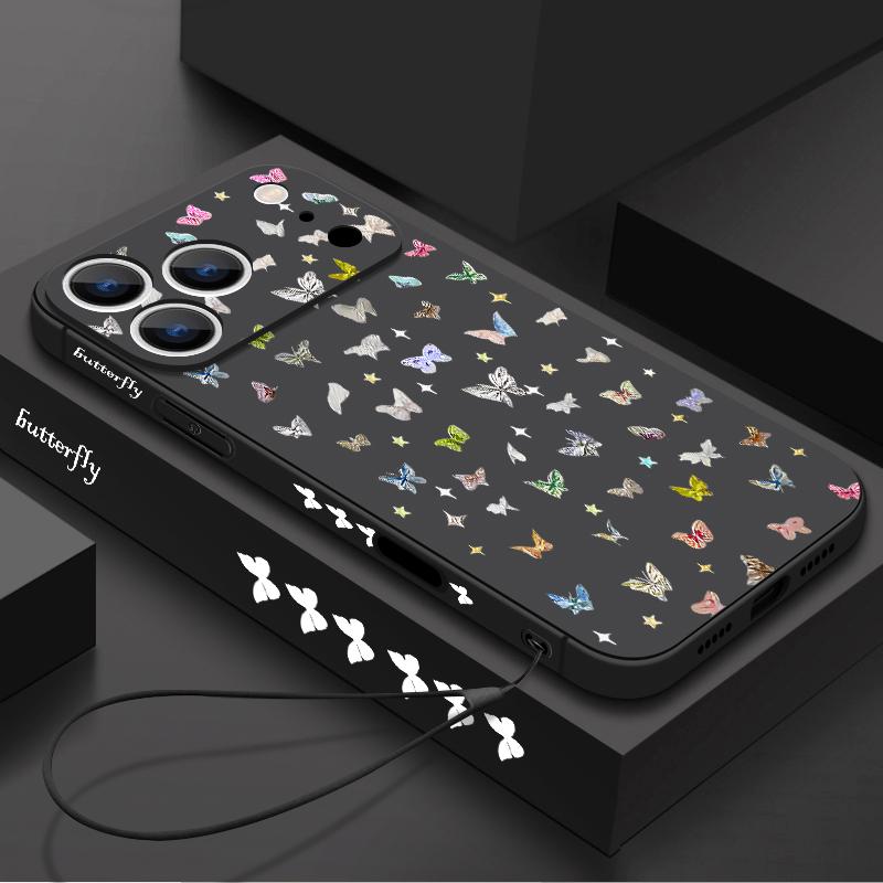 Colorful Butterfly Pattern Lanyard Case For iPhone 17 Pro Max Funda iPhone 16 15 14 13 Pro Max 11 16E 17E Soft Silicone Cover