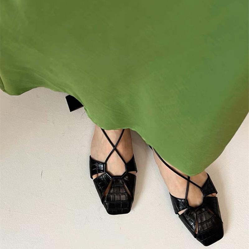 Leather Strap Bag Head Sandals Women's Summer New Empty Versatile Flat-bottomed Square Head Roman Shoes