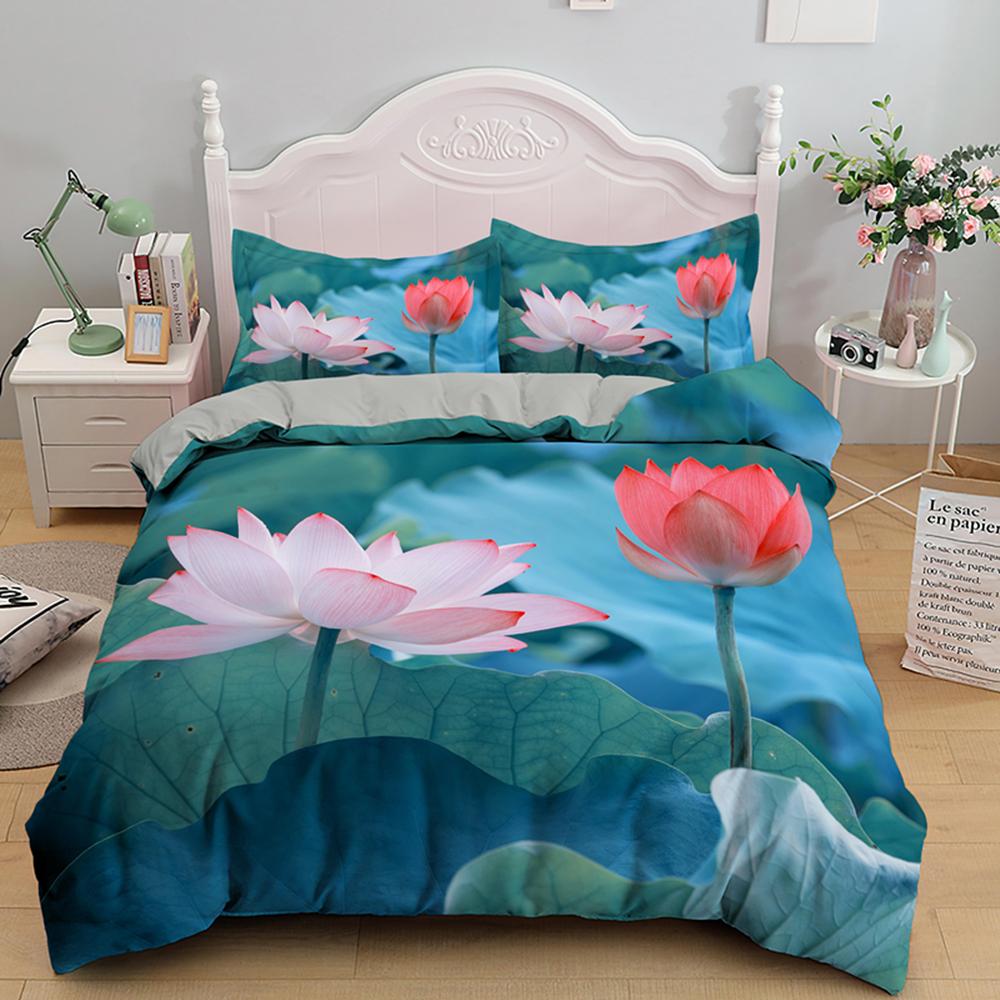 Lotus Duvet Cover Set Pink Flowers And Green Leaves Polyester Comforter Cover King Queen Size For Kids Girls Women Bedding Set