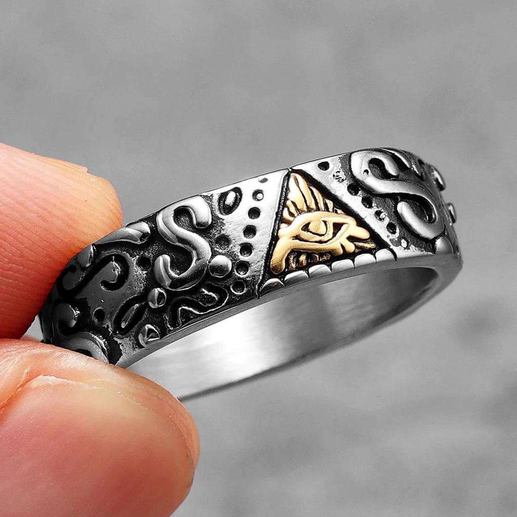 Ring Ancient Egypt Eye God Egyptian Triangle Amulet Talisman Stainless Steel Protect Power Jewelry Gift Hip Hop Rock Goth Gothic