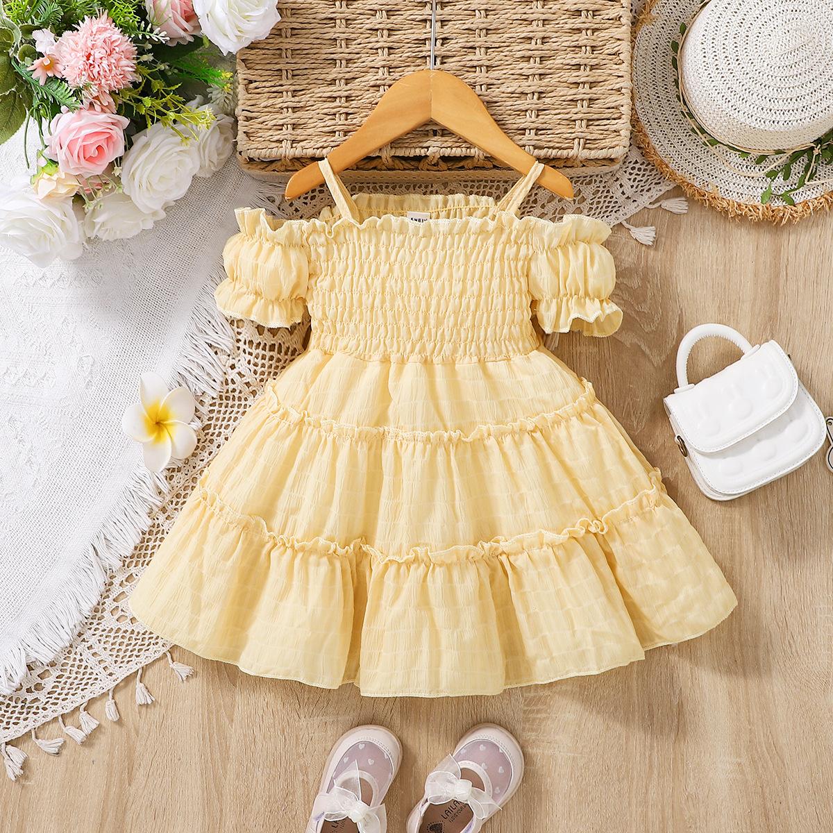 

Летнее плиссированное платье для девочек на бретельках, повседневные платья принцесс с детскими рукавами, детская одежда для детей от 2 до 8 лет 2T жёлтый