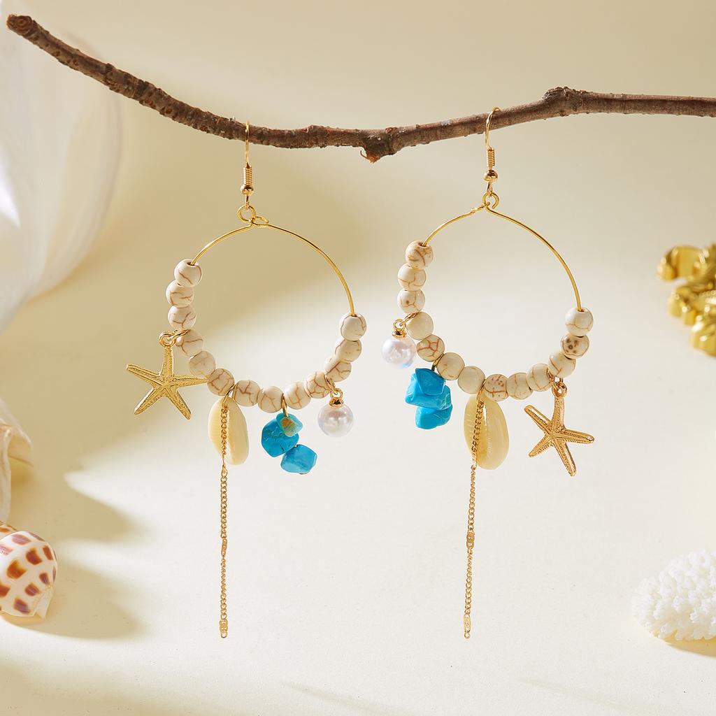 Mermaidcore Ocean Charm Hoop Earrings for Women Starfish Shell Imitation Pearl Turquoise Stone Dangle Summer Beach Jewelry