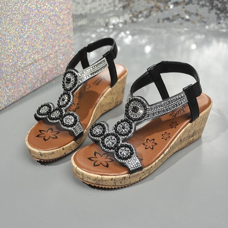 Women’s Wedge Sandals with Rhinestones, Peep Toe, Elastic Strap, Casual Beach Shoes, Large Size